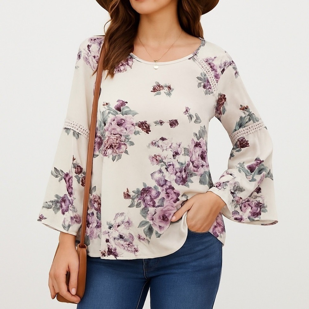 Jennie & Marlis Floral Bell Sleeve Blouse Ivory‎ Purple Lace Trim 1X Boho Fairy - Picture 2 of 14